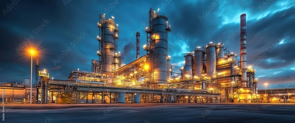 Night View of an Illuminated Industrial Plant with Large Silos and ...