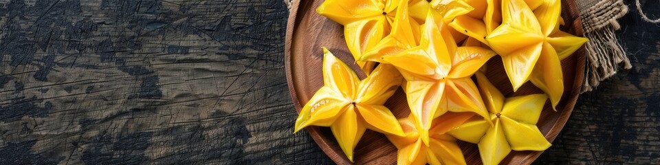 Canvas Print - Sliced Organic Carambola Fruit on a Plate with Copy Space, Displayed on a Wooden Board