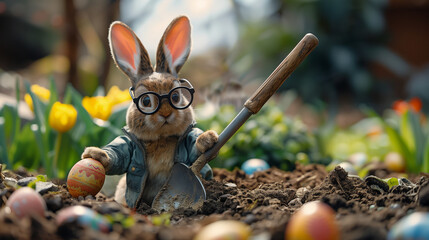 Animated rabbit with glasses holding an Easter egg outdoors.