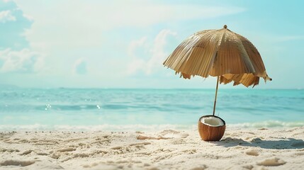 Tropical beach concept made of coconut fruit and sun umbrella. Creative minimal summer idea.