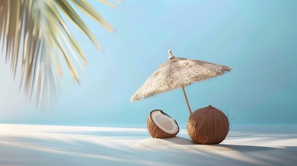 Poster - Tropical beach concept made of coconut fruit and sun umbrella. Creative minimal summer idea.