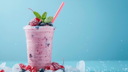 cold milkshake or smoothie with ice and fresh berries in disposable plastic glass on blue background