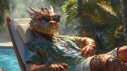 Stylish Dragon Lounging by the Pool: A Perfect Vibrant Poster for Sports Interiors, Showcasing a Charming Creature in Tropical Attire and Summer Vibes!