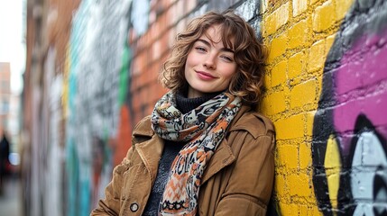 Vibrant Urban Charm: Cheerful Young Adult with Wavy Hair and Stylish Attire, Perfect for Sporty Decor Posters or Youthful Artwork in Modern Interiors