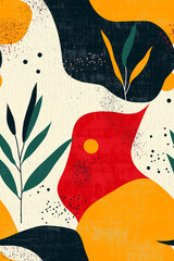 Wall Mural - Bold and colorful abstract pattern with organic shapes and leaves in red, yellow, and dark green on a textured cream background, great for dynamic and creative projects.