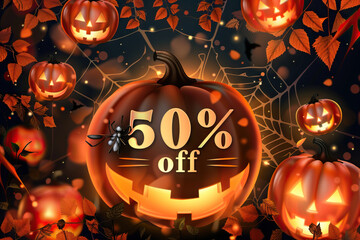 Wall Mural - Jack-o'-lantern glowing bright, Halloween delight. Ready for trick-or-treat night pumpkin lantern. Orange, black, and brown hues set the spooky scene. 50% off on lanterns and spooky decor.