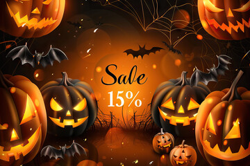 Wall Mural - Jack-o'-lantern pumpkin with scary face on sale at a 15% discount for Halloween, surrounded by other vegetables in shades of brown, orange, and black.