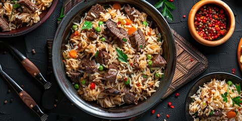 Poster - Top View of Lamb Meat Pilaf a Traditional Asian Dish with Rice Spices and Fried Vegetables