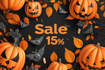 Wall Mural - Jack-o'-lantern made from a black and orange pumpkin on sale for Halloween treats, with a 15% discount. ????