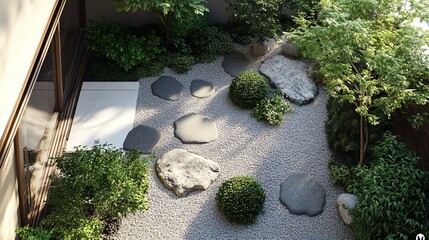 Modern Japanese courtyard garden with a mix of greenery and zen stones topdown view showing clean lines and natural elements bathed in soft sunlight