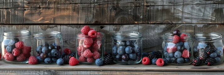 Wall Mural - Glass jars filled with fresh berries on a weathered wooden table