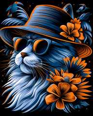 Wall Mural - A cat wearing sunglasses and a hat is surrounded by flowers. The image has a playful and whimsical mood