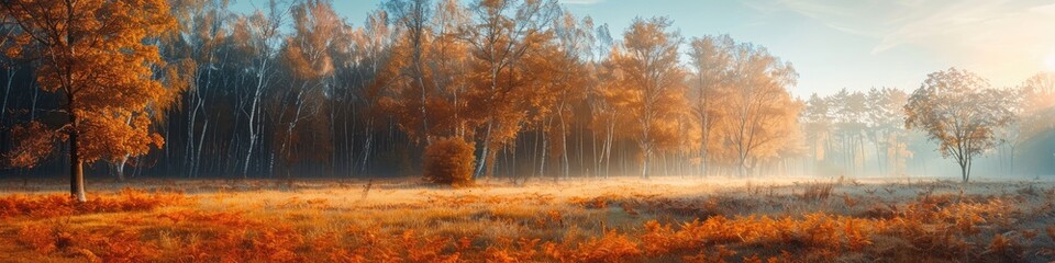 Wall Mural - Striking minimalistic autumn scenery featuring vibrant natural contrasts, with sunlight illuminating distant trees for an exceptional viewpoint.