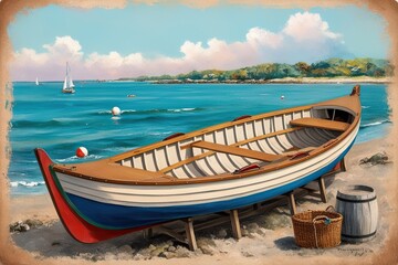 Naklejka na meble Whimsical Vintage Painting of an Antique Skiff with Coastal Accents and Lively Colours