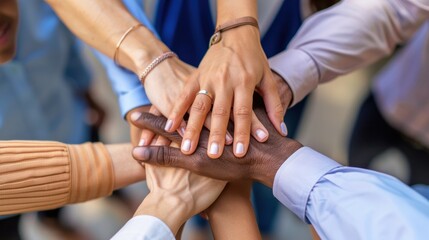 Wall Mural - Professional business team in a close-up top view, hands stacked together to signify unity and teamwork.