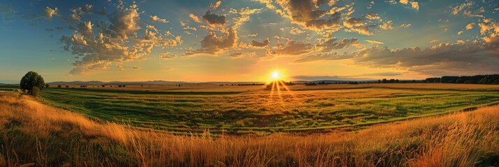 Canvas Print - Breathtaking Sunset Above a Farmland Featuring a Blend of Lush and Parched Grasses