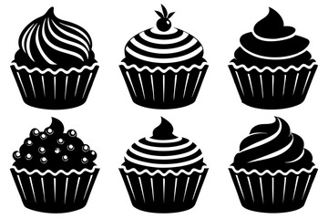 Wall Mural - Set of black cupcakes icon, Collection of cupcake silhouette vector illustration