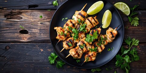 Poster - Grilled Chicken Souvlaki with Parsley and Lime Wedges on Black Plate on Dark Wooden Table Top View Flat Lay with Copy Space