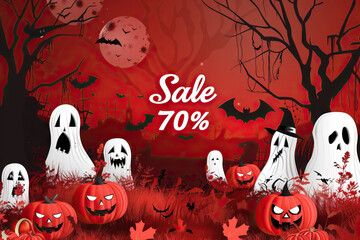 Wall Mural - Cartoon art features Halloween text on pumpkins. Red-dominant color. Sale with 70% off.