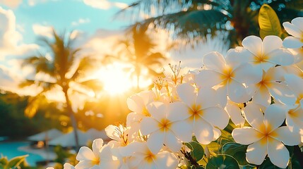 Poster - White Plumeria Flowers in Tropical Sunset