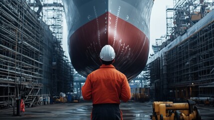 Ship engineer inspecting the hull of a large vessel in a shipyard, surrounded by scaffolding and heavy machinery