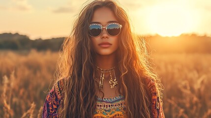 Wall Mural - Beautiful Woman with Long Hair and Sunglasses in a Field at Sunset