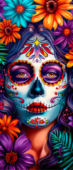 Sticker - A woman's face is painted with a skull and flowers. The skull is blue and the flowers are purple, orange, and yellow. The woman's eyes are closed and she has a red lip