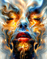 Wall Mural - A woman's face is painted with fire and water, giving it a surreal and dreamlike appearance