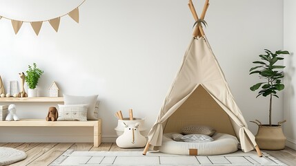 Cute child room interior with furniture toys and wigwam shaped shelf on white wall