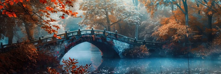 Poster - A Enchanting Bridge Surrounded by Vibrant Autumn Colors