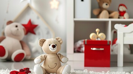 Wall Mural - cute kids toys on the white red nightstand in nursery