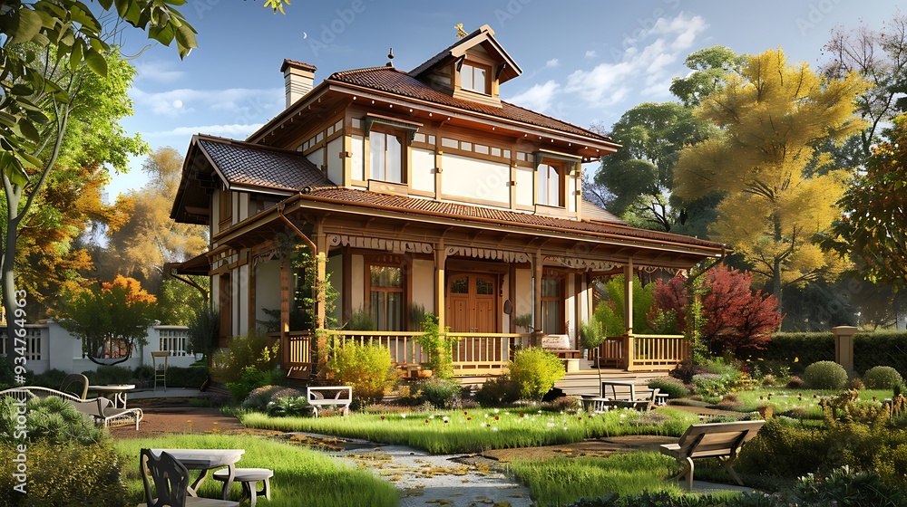 Beautiful Victorian style house with a lush garden, showcasing a ...
