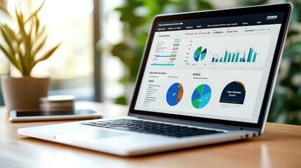 Modern laptop displaying colorful data dashboards and charts, symbolizing analytics, business growth, and productivity.