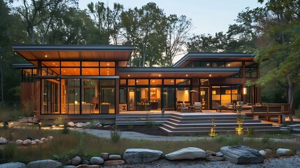 Wall Mural - modern house with large windows and a spacious deck overlooking a tranquil backyard with a path, grass, trees, and a beautiful stone landscaping.