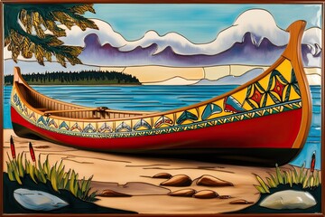 Vibrant Tole Painting of Heritage Canoe Featuring Unique Cultural Patterns