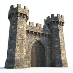 3D Render of a castle gate with battlements and arrow slits, flanked by stone guard towers, on isolated white background