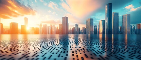 Poster - Futuristic City Skyline with Sustainable Carbon Fiber Composite Structures Reflecting in the Water at Dramatic Sunset  Showcasing the Role of Advanced Materials in Creating Strong