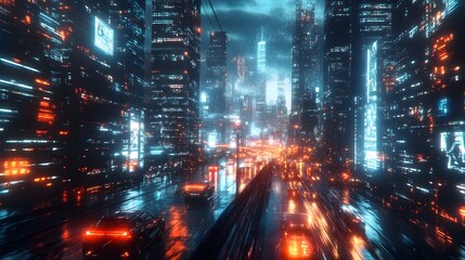 Poster - Futuristic smart city landscape with autonomous vehicles navigating through a digital infrastructure of glowing pathways and towering skyscrapers