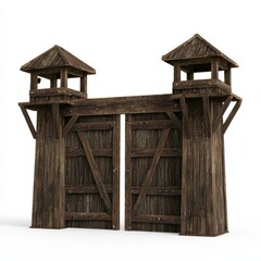 3D Render of a fortified wooden gate with watchtowers on either side, on isolated white background