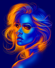 Sticker - A woman with long hair and sunglasses is the main subject of the image. The blue and orange colors of the background create a vibrant and energetic mood