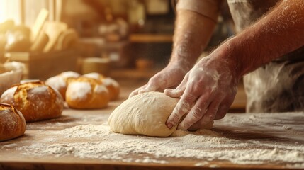 A baker kneads dough, golden loaves rise nearby, and the warm aroma of fresh bread fills the air.