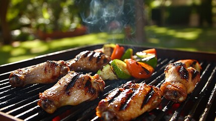 Wall Mural - Close-up of grilled chicken wings and vegetables on a barbecue grill.