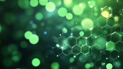 Abstract green technology background with a hexagonal pattern and bokeh lights.