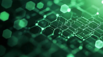 Abstract green technology background with a hexagonal pattern and bokeh lights.