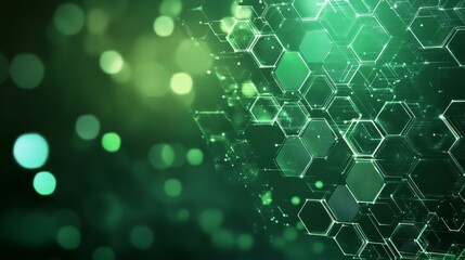 Abstract green technology background with a hexagonal pattern and bokeh lights.