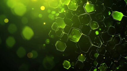 Abstract green technology background with a hexagonal pattern and bokeh lights.