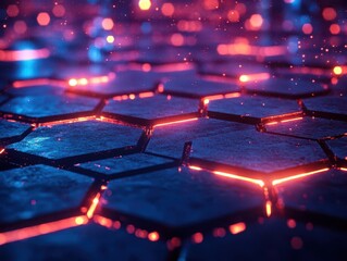 Canvas Print - futuristic cityscape within hexagonal grid glowing blue neon lines 3d rendered abstract cyberpunk atmosphere dark background with luminous accents