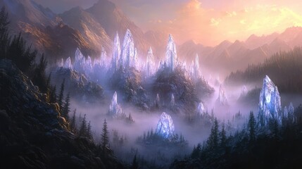 Wall Mural - Crystalline formations rising from a dreamy, fog-filled valley, bathed in soft, ethereal light, creating a surreal landscape.