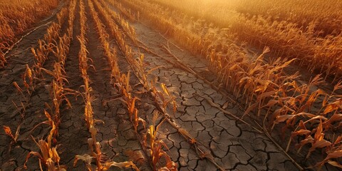 Wall Mural - Aerial drone photograph revealing extreme drought impact on corn crops