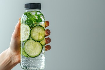 Realistic photo of a person holding a water bottle filled with infused water, symbolizing hydration and health. The high-resolution image is isolated on a white background with ample copy space,